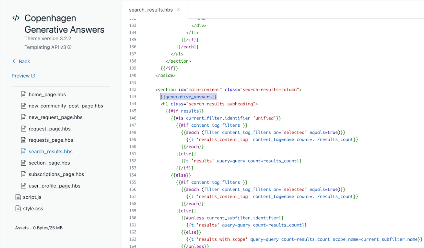 Editor de temas mostrando o modelo search_results.hbs com o posicionamento do espaço reservado generative_answers