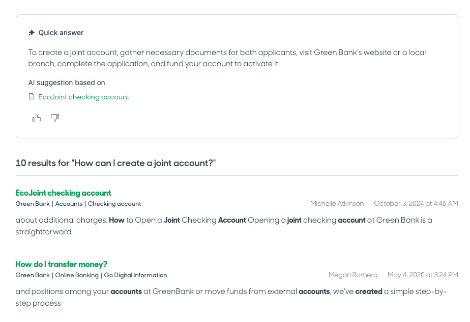 Resposta rápida gerada por IA nos resultados de pesquisa do Zendesk para consultas de criação de conta
