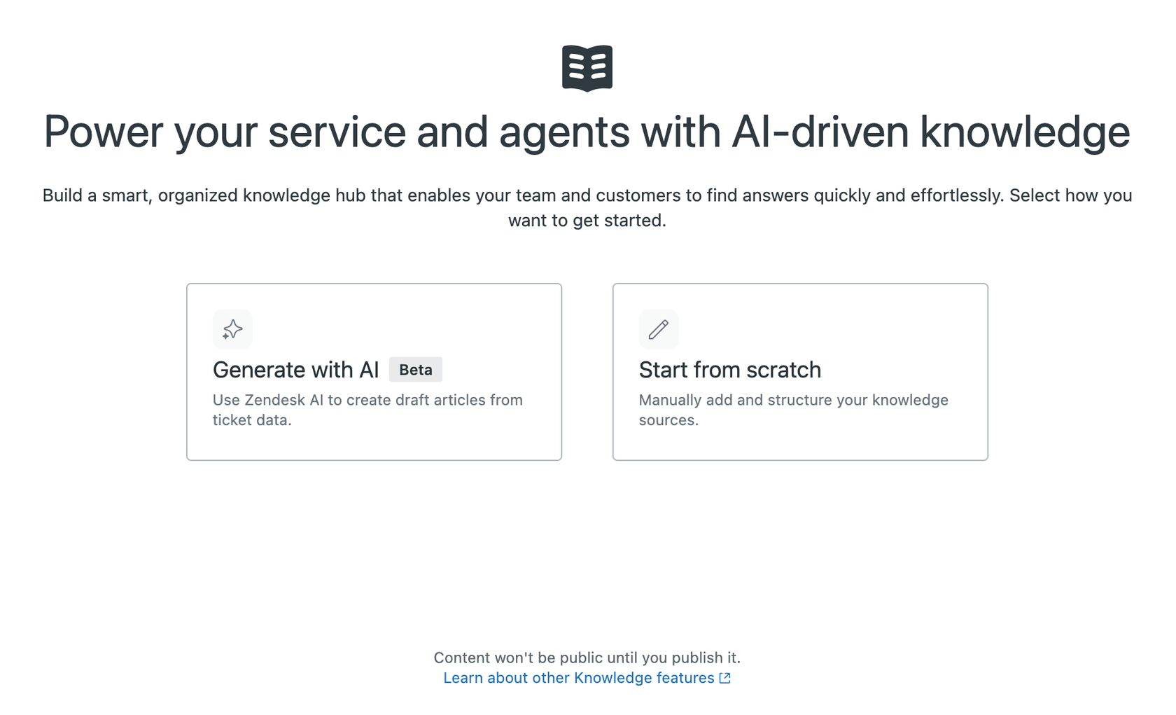 AI(人工知能)で記事を生成するか、最初から作成するオプションを提供するZendesk(ゼンデスク)のナレッジハブ作成インターフェース。