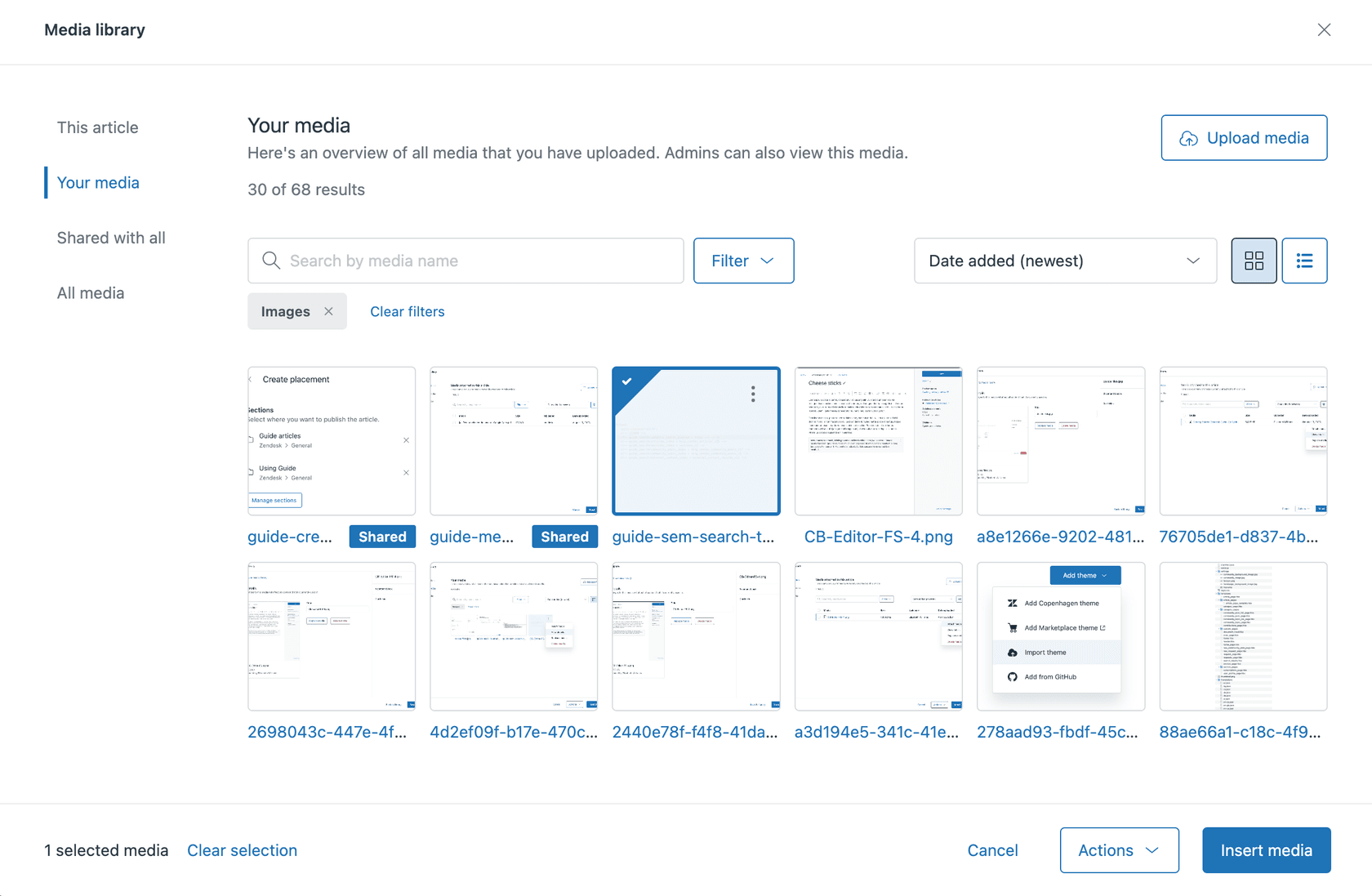 Media library dialog for selecting and inserting images into Zendesk articles.