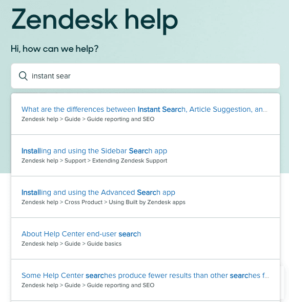 Interface de pesquisa da central de ajuda do Zendesk exibindo sugestões de pesquisa instantânea enquanto um usuário digita 'instant sear'.