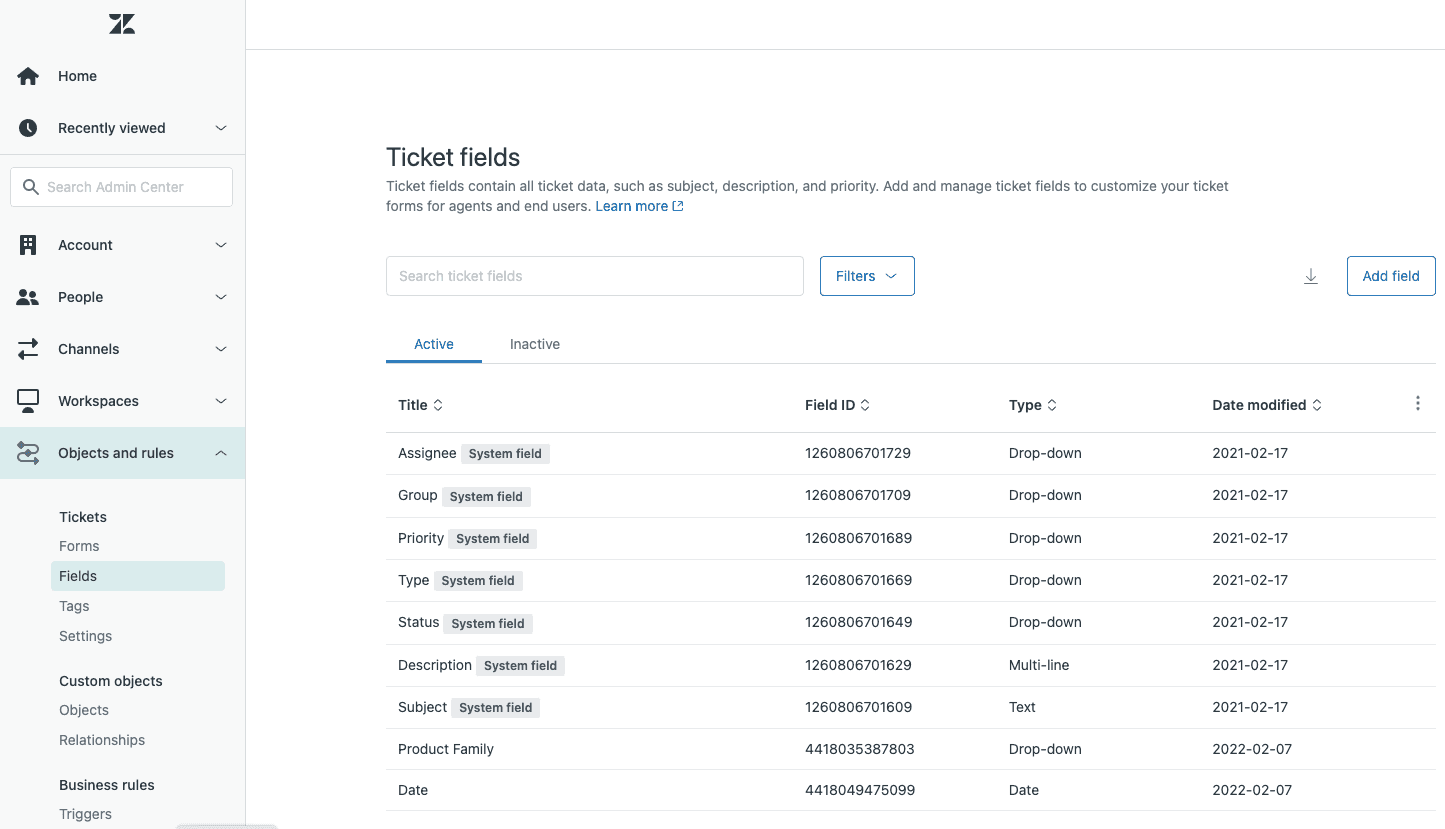 Zendesk's 'Ticket fields' configuration panel, displaying a list of system and custom fields with their respective types and IDs.