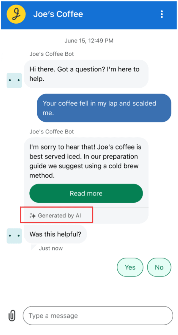 Customer service chat showing an AI-generated response with transparency label