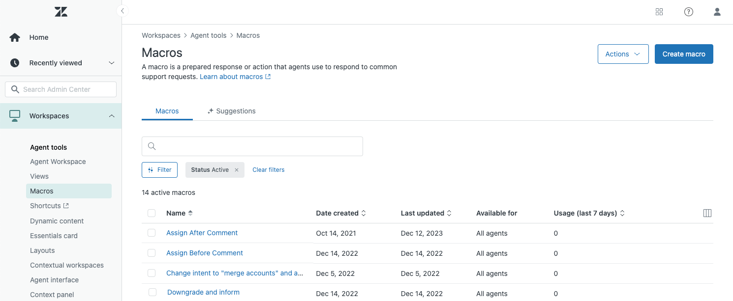 アクティブなマクロのリストと、フィルタを追加またはクリアするオプションが表示された、マクロ管理ページを示すZendesk管理センター。