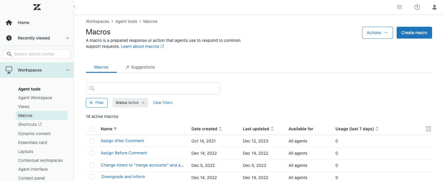 Zendesk Admin Center showing the Macros management page with a list of active macros.
