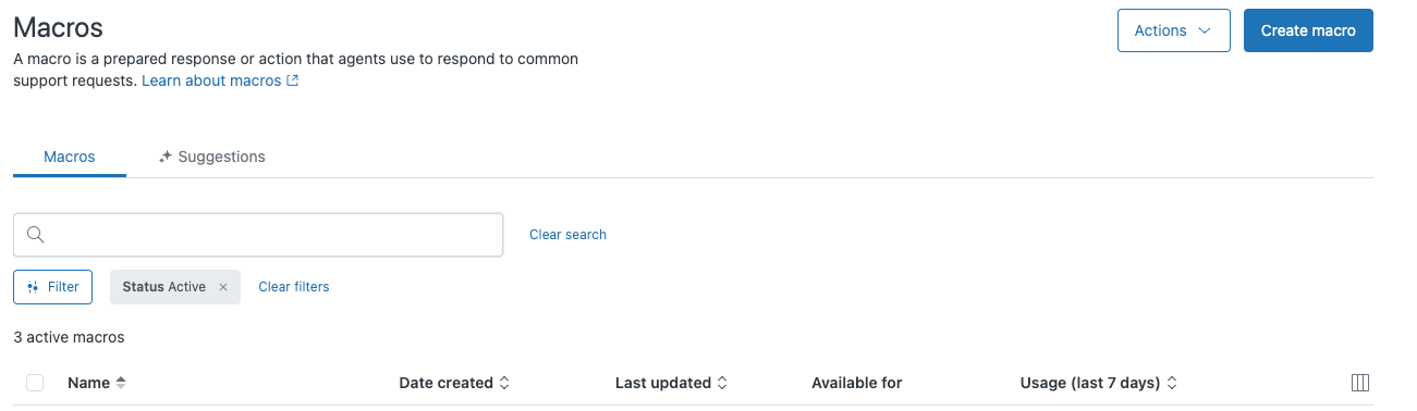 Zendesk Admin Center's Macros page, showing the interface for managing support macros with filtering and creation options.