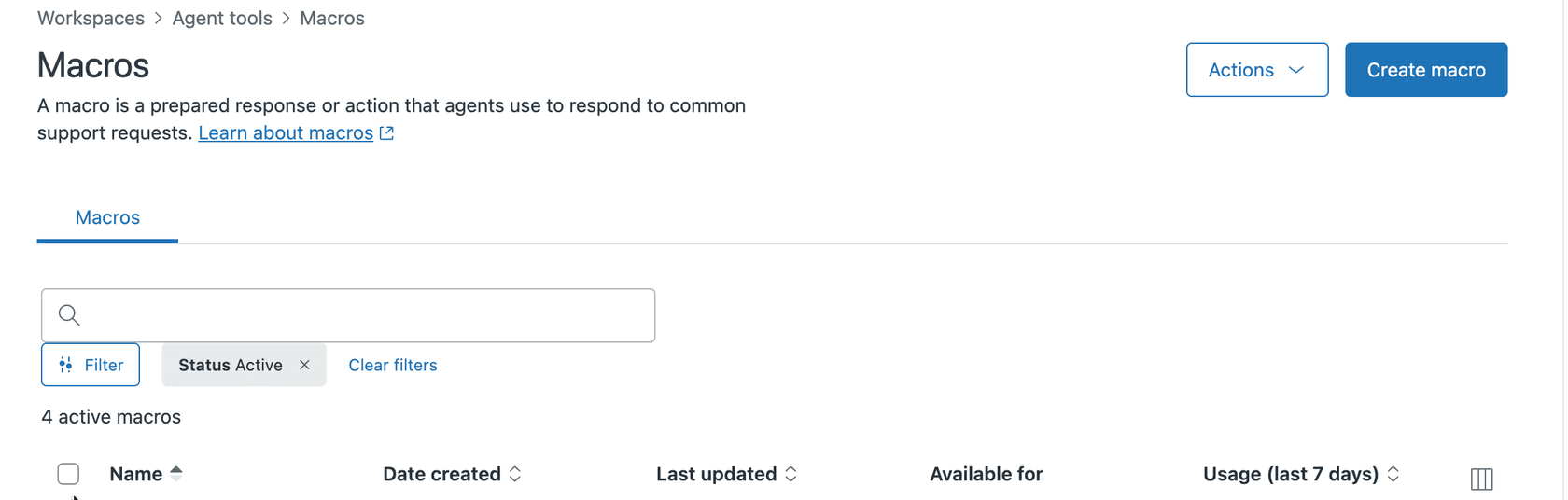 Página de Macros do Zendesk Admin Center, mostrando a interface para gerenciar macros de suporte com opções de filtragem e criação.