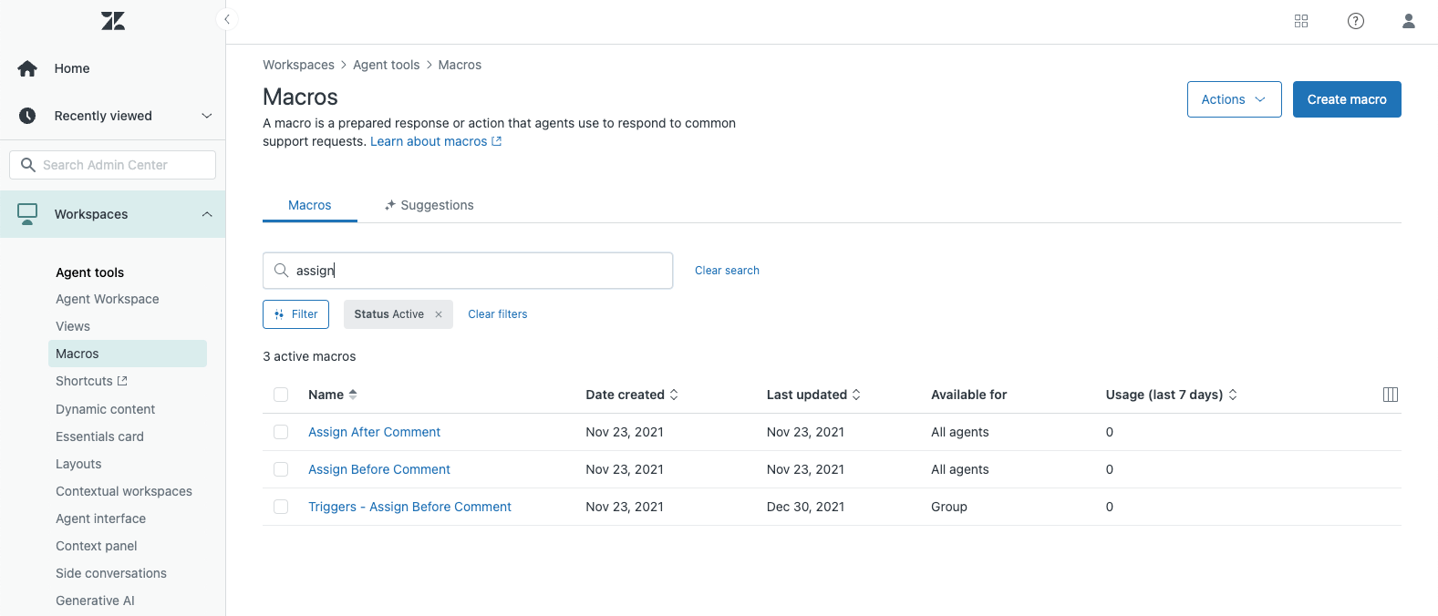 Zendesk Makro-Verwaltungsschnittstelle mit aktiver Makro-Liste