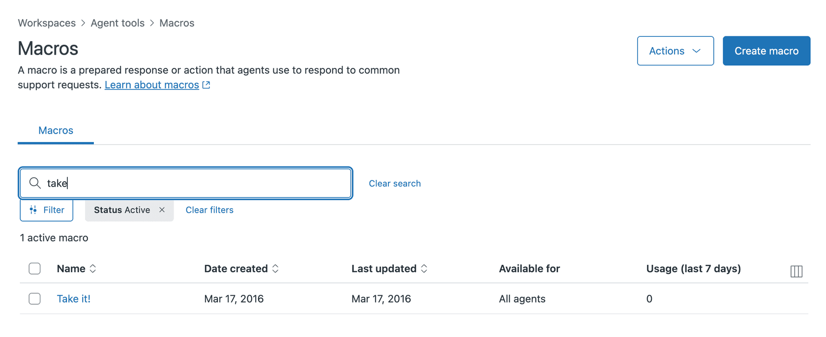 アクティブなマクロリストを含むZendeskマクロ管理インターフェース