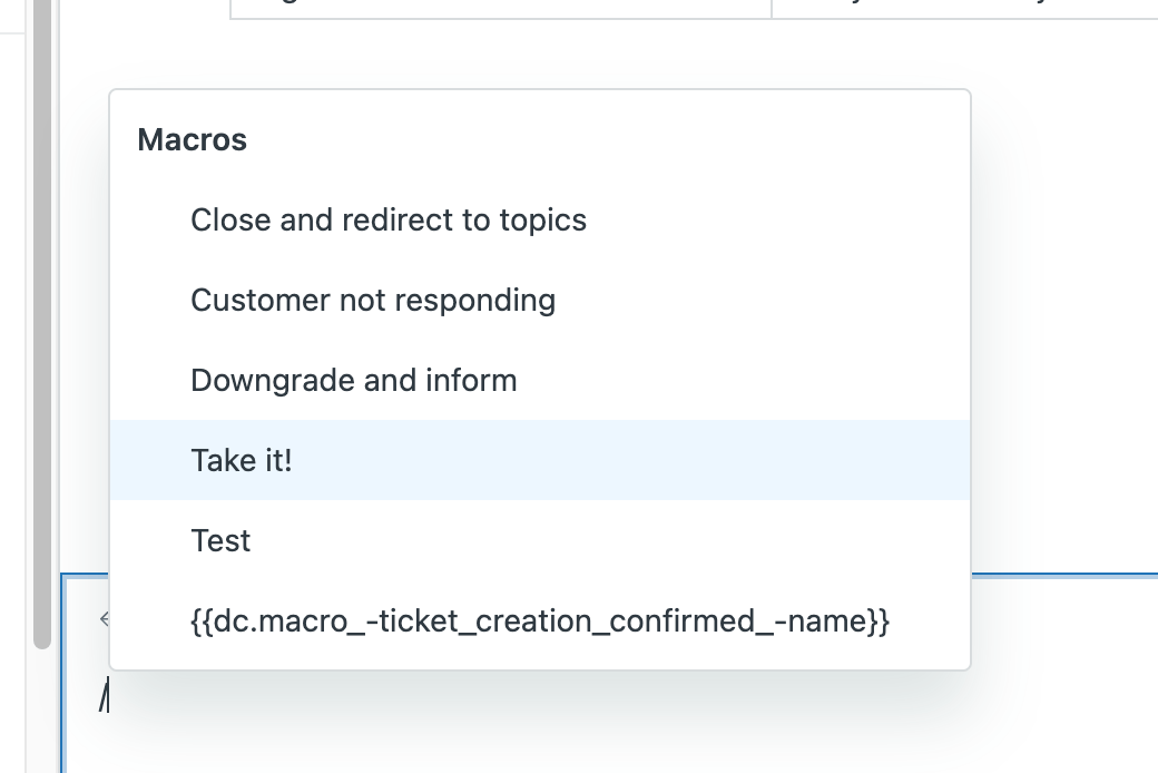 Zendesk macro selection menu with keyboard shortcut activated.