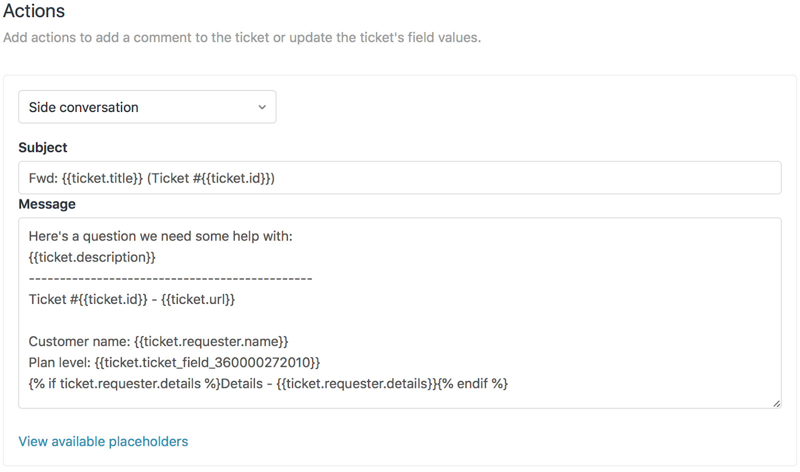 Interface de macro Zendesk avec configuration d’action de conversation annexe