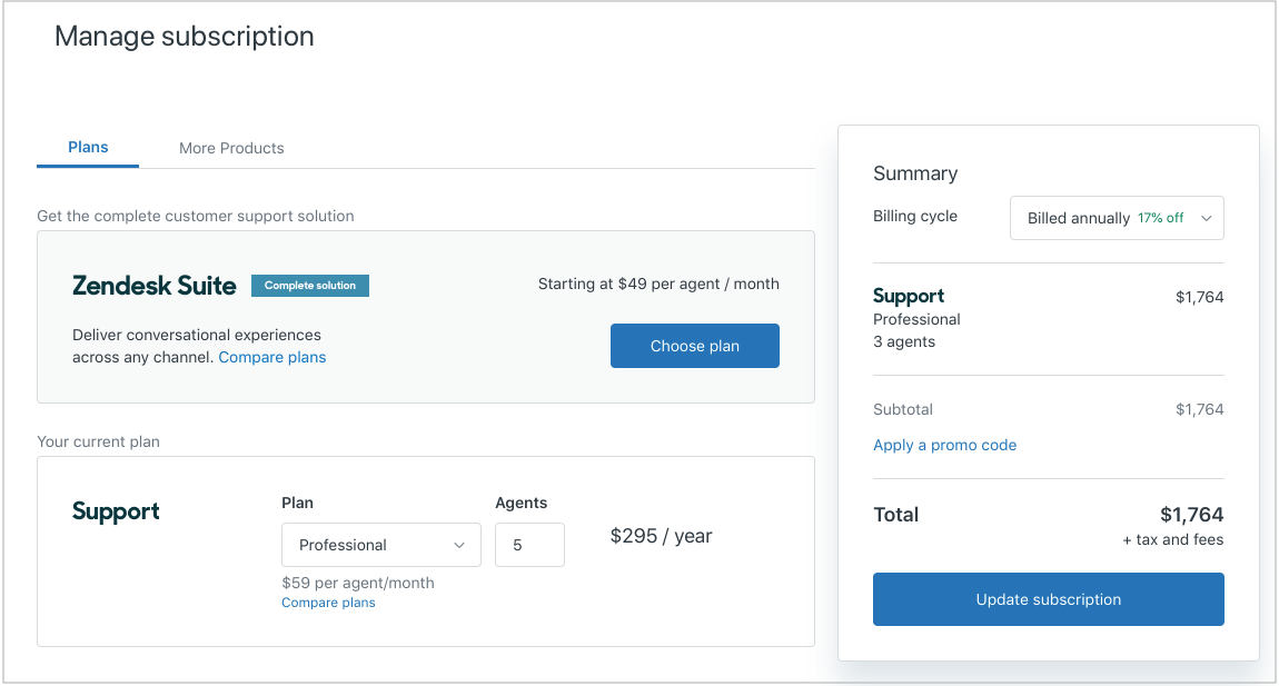 Zendesk's subscription management interface displaying current plan details and options to update billing.