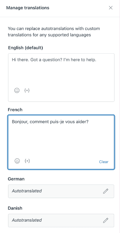 Custom translation editor with message variants in multiple languages