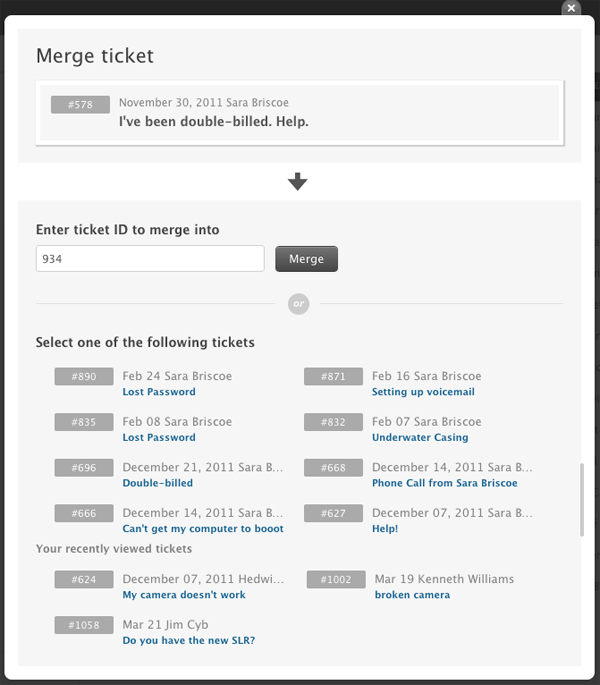 Customer Context Panel showing multiple related tickets from the same requester