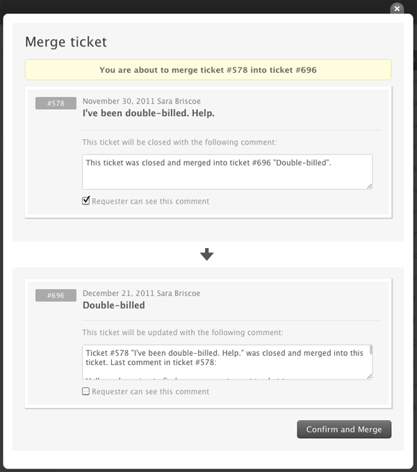Zendesk ticket merge dialog for confirming ticket merges