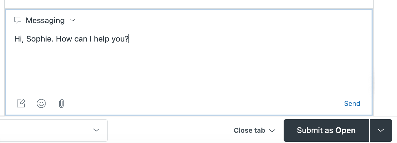 Interface de messagerie Zendesk avec message brouillon et options de soumission