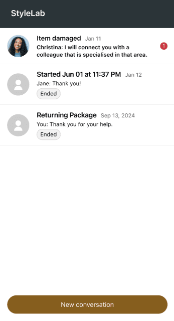 StyleLab's conversation list interface, featuring multiple threads and a new conversation button.