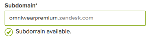 Interface de création de marque du Centre d'administration Zendesk affichant le champ du sous-domaine avec un sous-domaine disponible.
