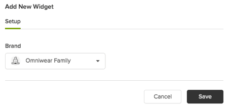 Widget configuration panel with brand selection dropdown for Omniwear Family