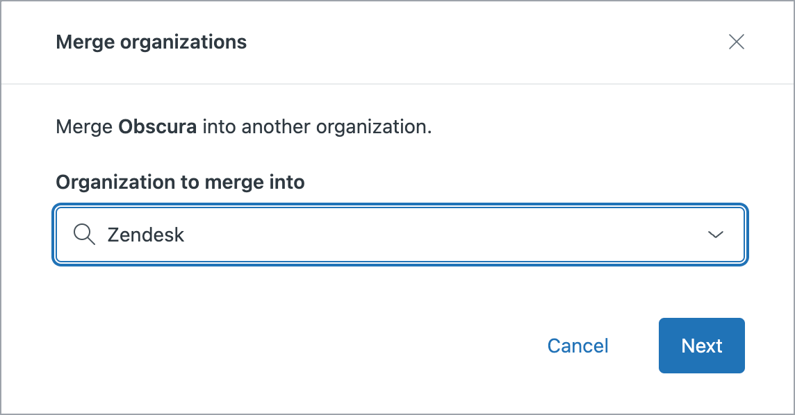 A dialog showing the organization merge interface with a search and selection field for choosing the target organization.