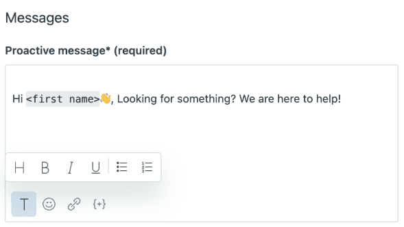 A message composition panel showing a proactive message with a personalized greeting and text formatting options.