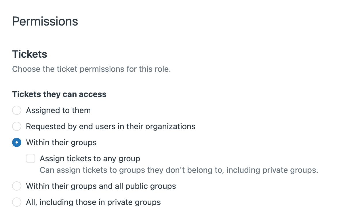 Zendesk permissions panel with group access settings