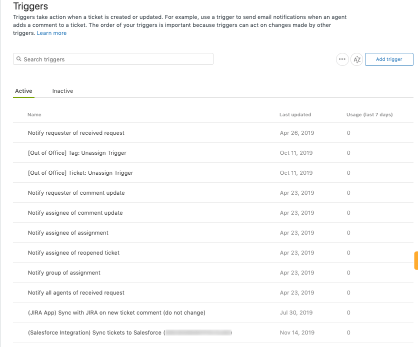 Zendesk triggers configuration page showing active automated triggers