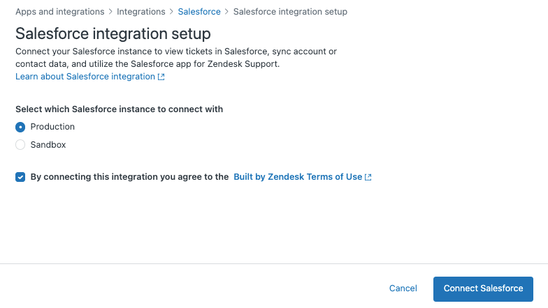 Zendesk Salesforce integration setup page for connecting your Salesforce instance