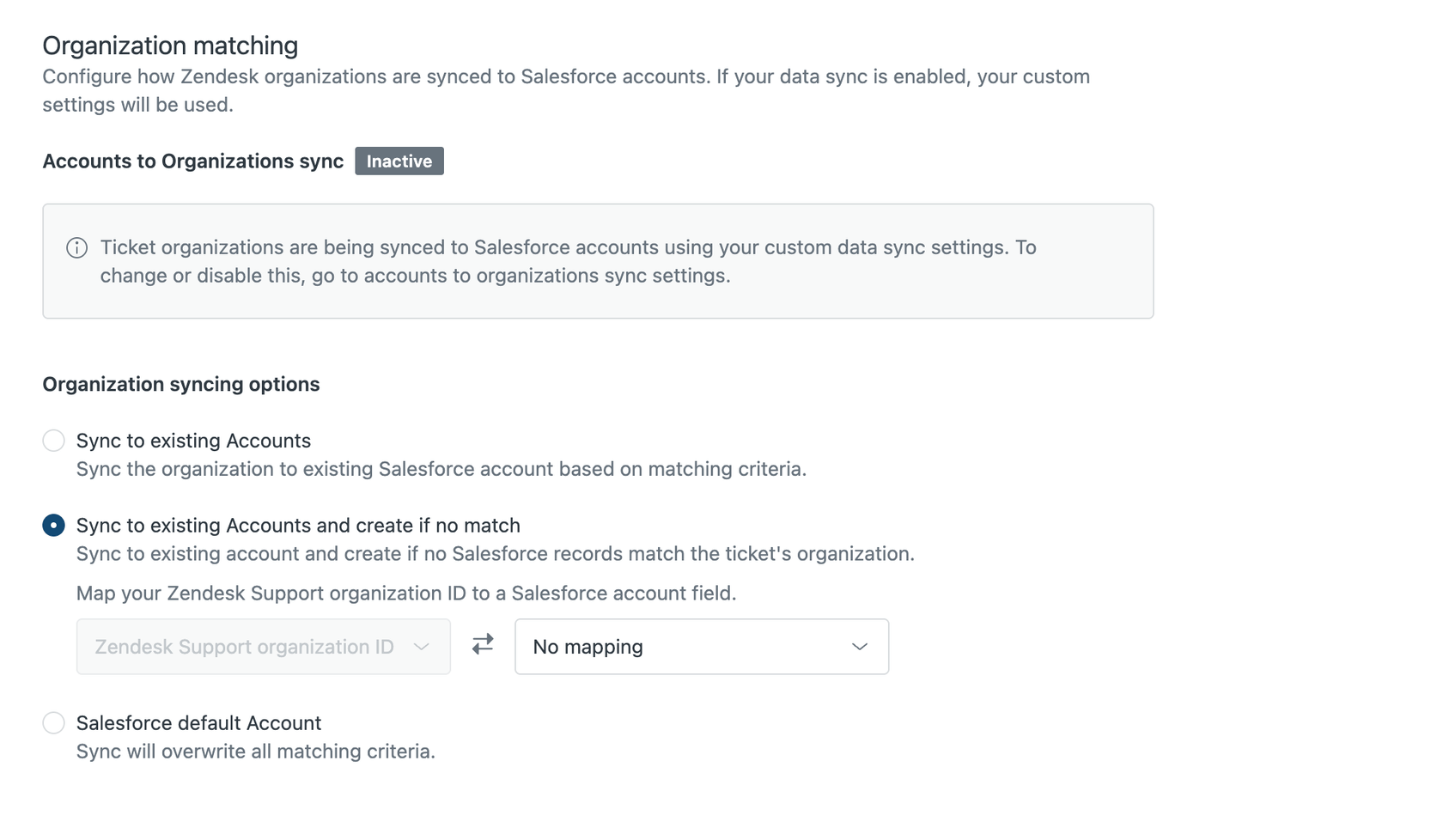 Zendesk organization matching settings for syncing with Salesforce accounts