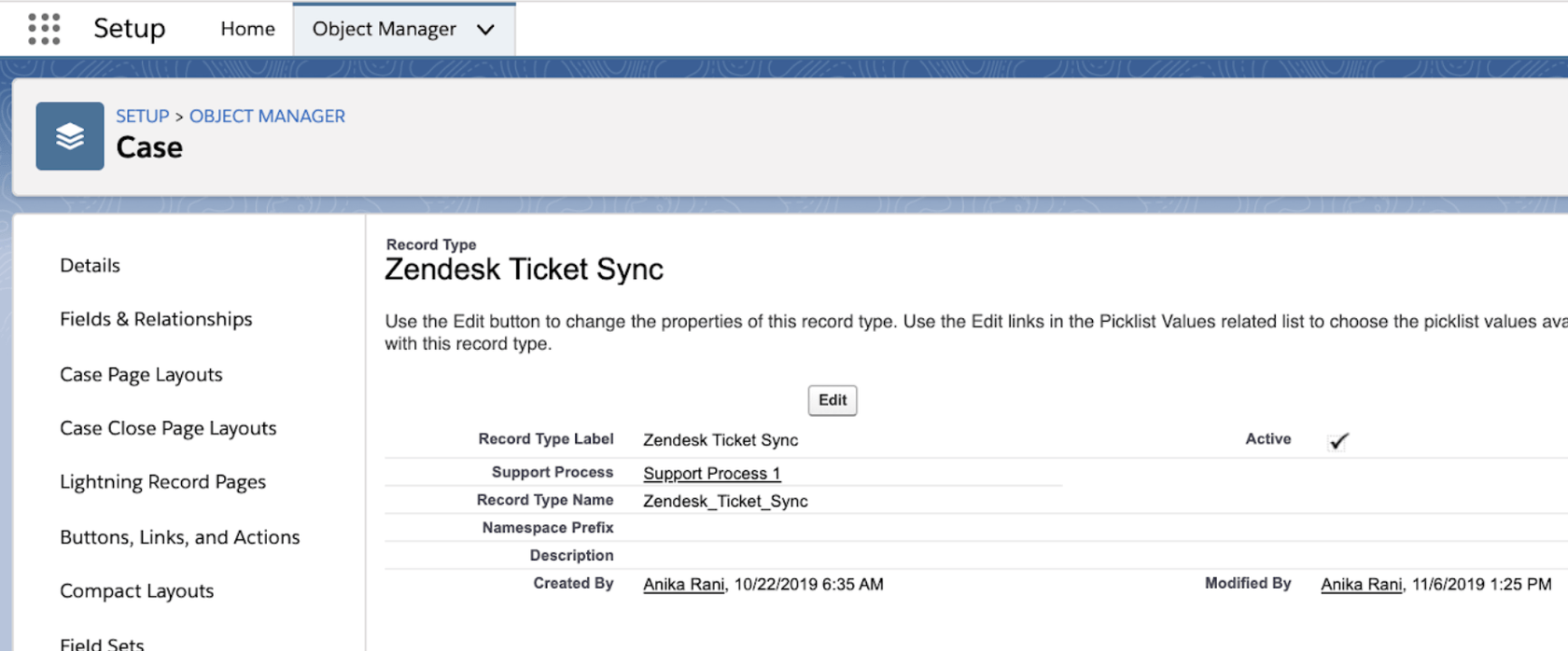 Salesforce Object Manager showing the Zendesk Ticket Sync record type for the Case object