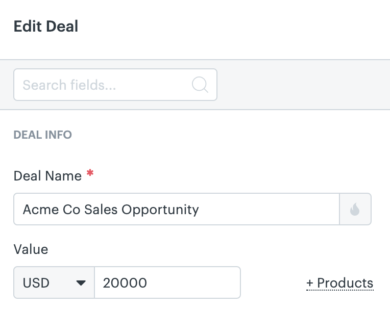 Deal-Bearbeitungsoberfläche mit Dropdown-Menü zur Währungsauswahl