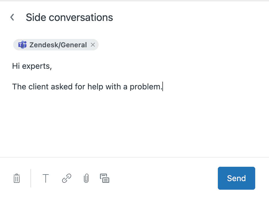 Microsoft Teams side conversation creation showing team and channel selection