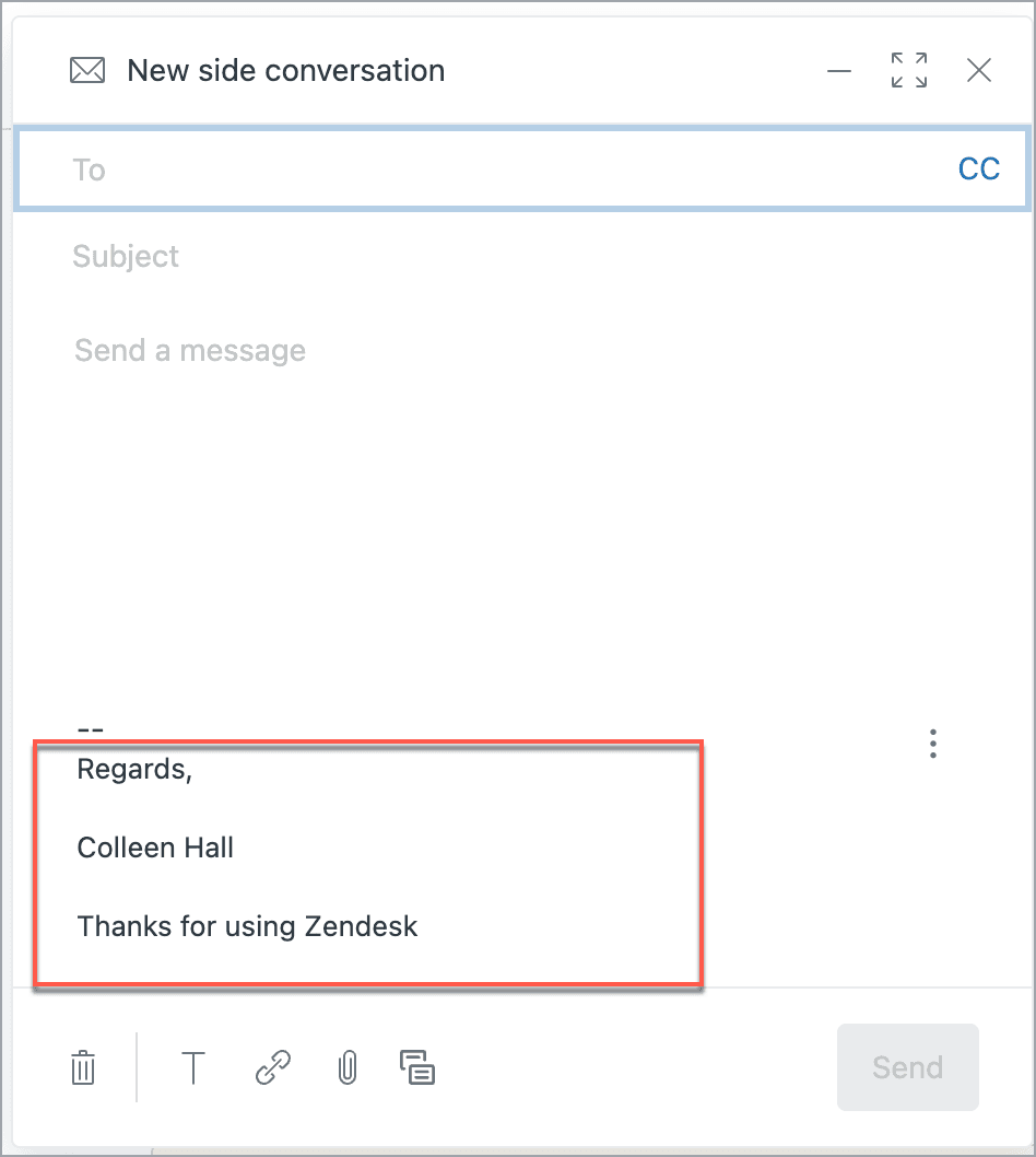 Side conversation composer with recipient fields and message tools