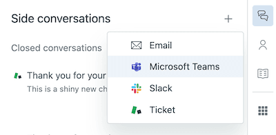 Zendesk's side conversations panel with options to start conversations via email, Slack, Teams, or child tickets