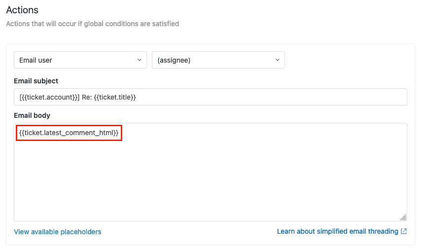 Zendesk Admin Center trigger configuration for simplified email threading