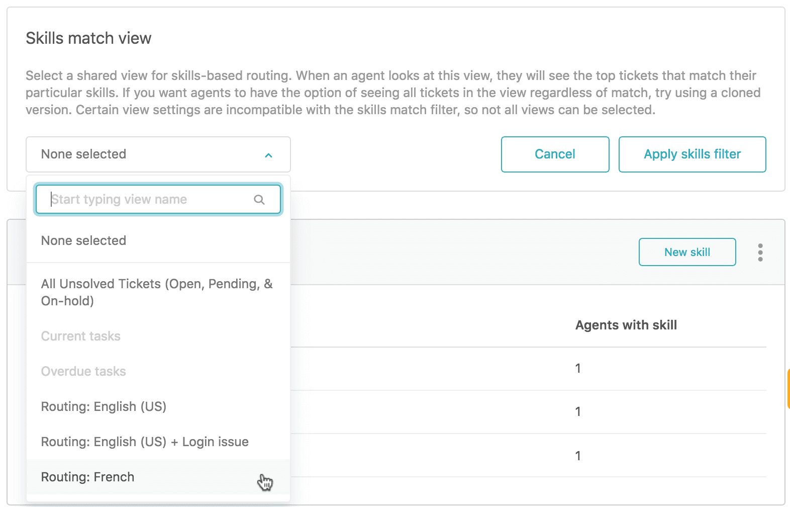 Skills-based routing configuration panel