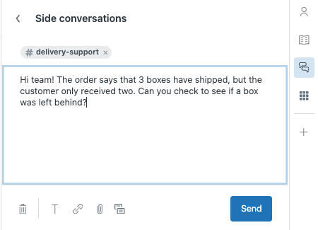 Side conversation composer showing Slack channel selection and message composition interface