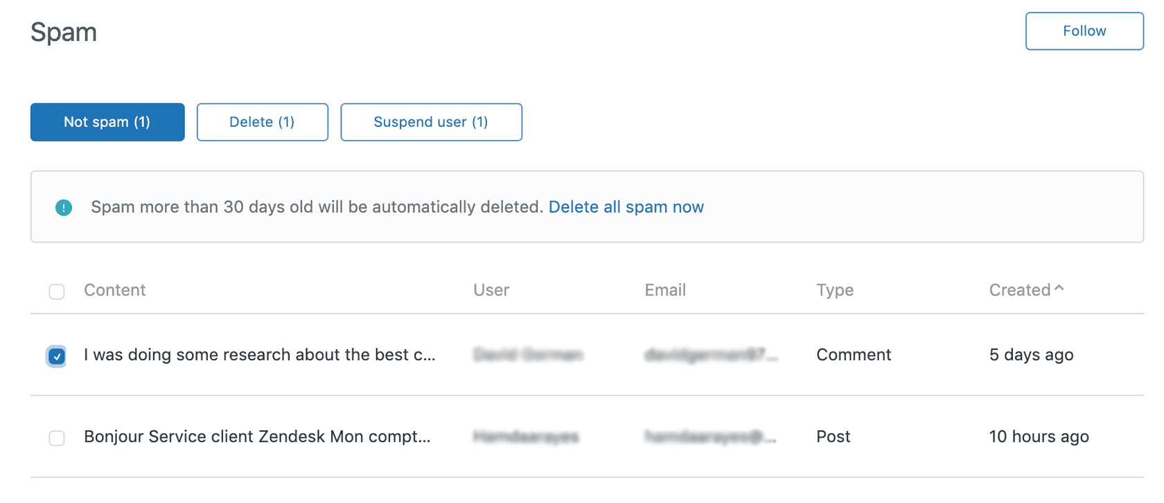 Zendesk spam queue with options to mark as not spam, delete, or suspend a user