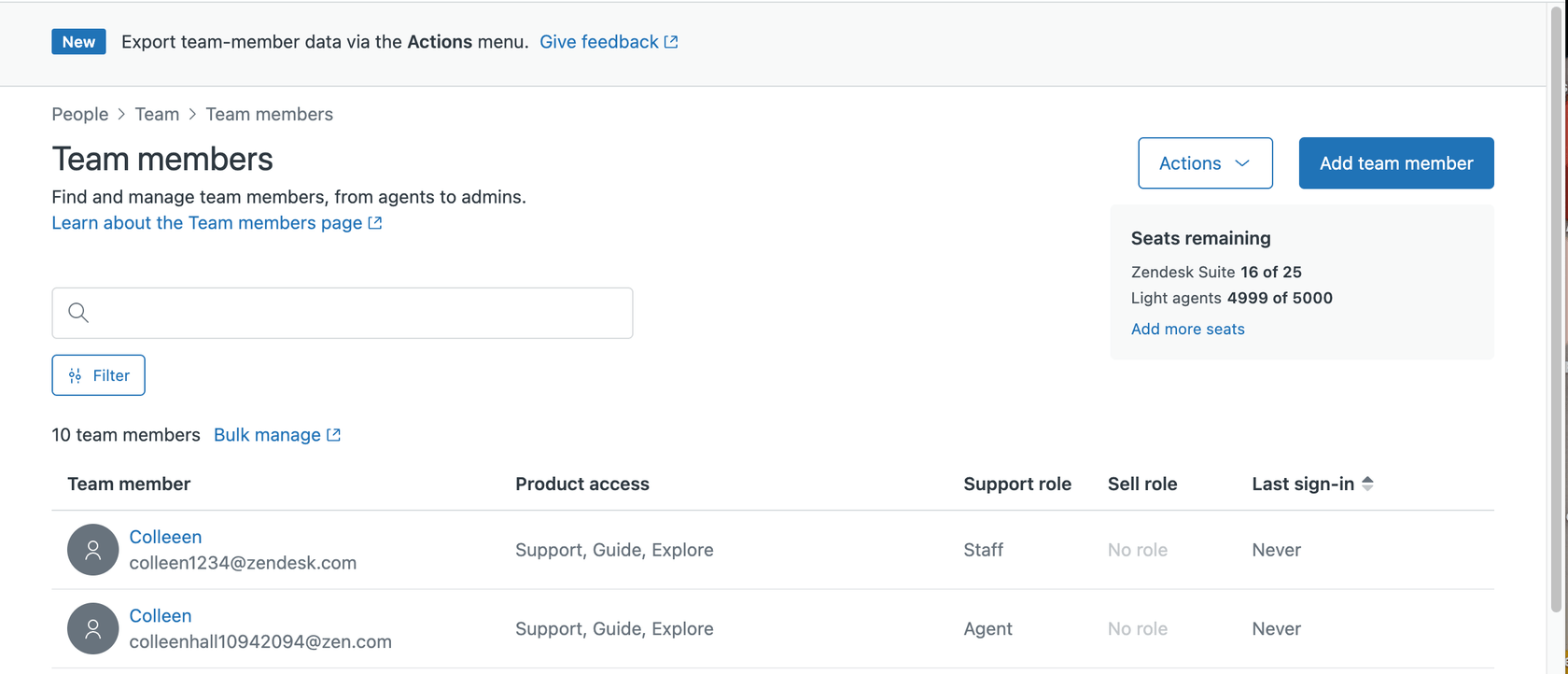 Zendesk Admin Center Teammitglieder Schnittstelle mit Agentenrollen und Platzanzahl