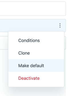 A dropdown menu showing options to manage a form's status, including 'Deactivate' and 'Make default'.