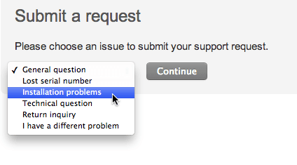 An end-user help center request form displaying multiple ticket options for issue submission.