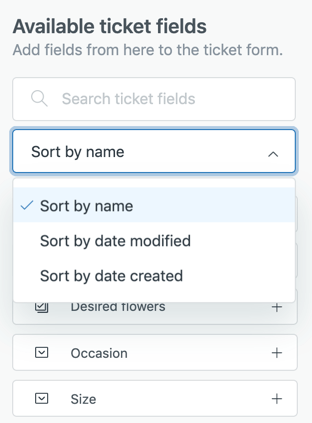 A panel showing available ticket fields with options to search, sort, and add custom fields to a ticket form.