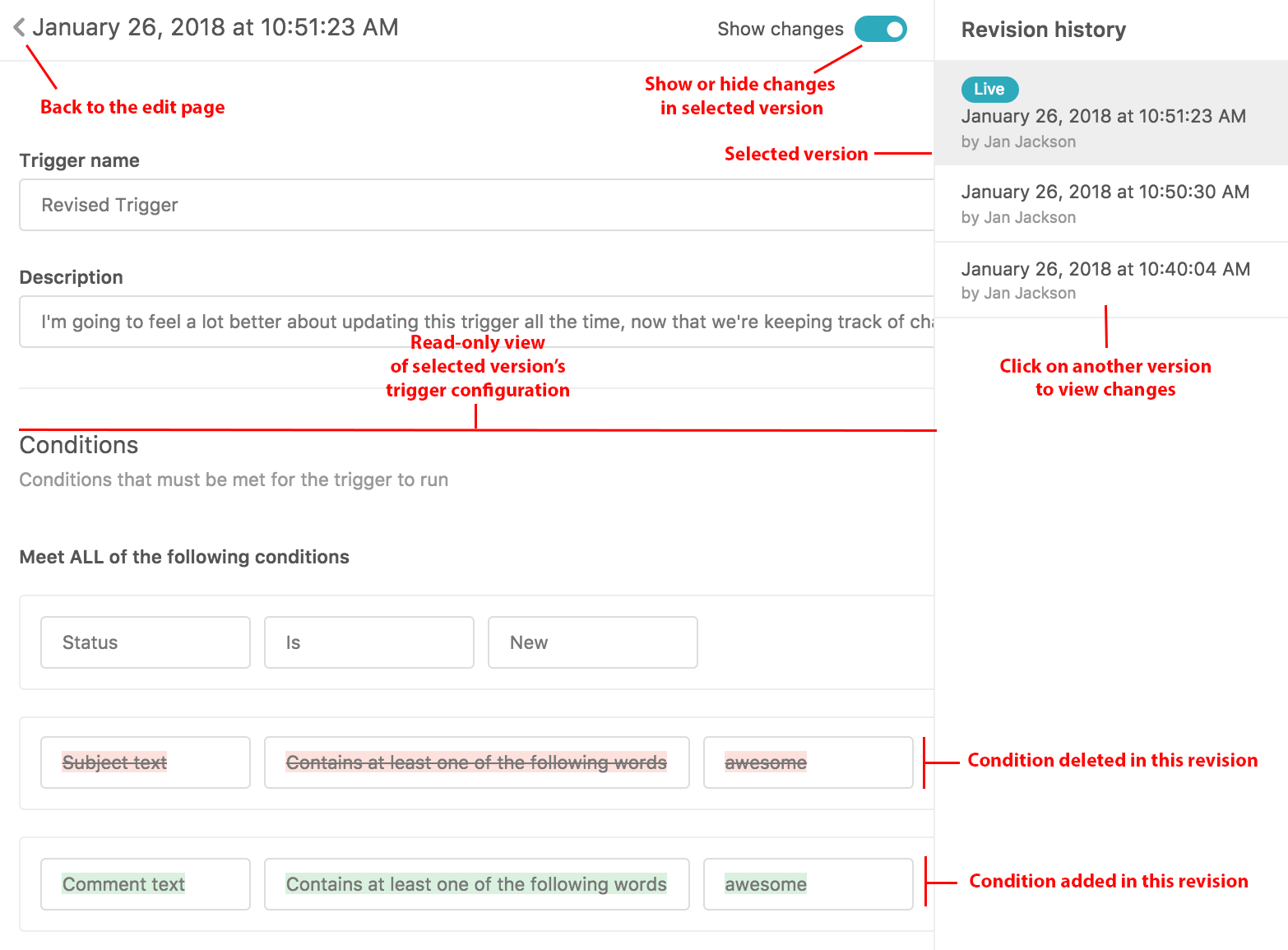 Trigger configuration interface with name, description, and conditions