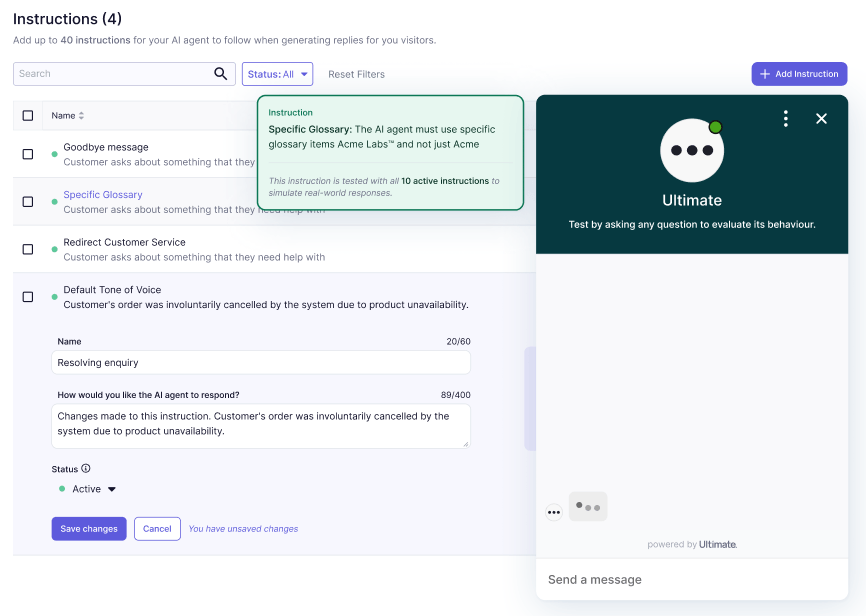 Painel de configuração de instruções do agente de IA do Ultimate, mostrando uma lista de respostas personalizáveis e uma interface de teste em tempo real.