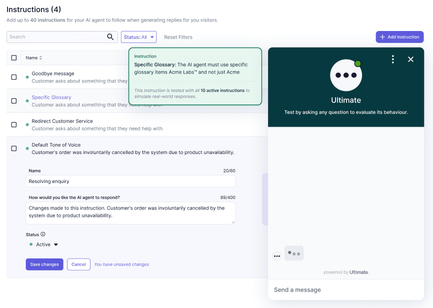 Ultimate's AI agent instructions configuration panel, showing a list of customizable responses and a real-time testing interface.