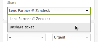 Zendesk ticket properties panel showing the share dropdown menu