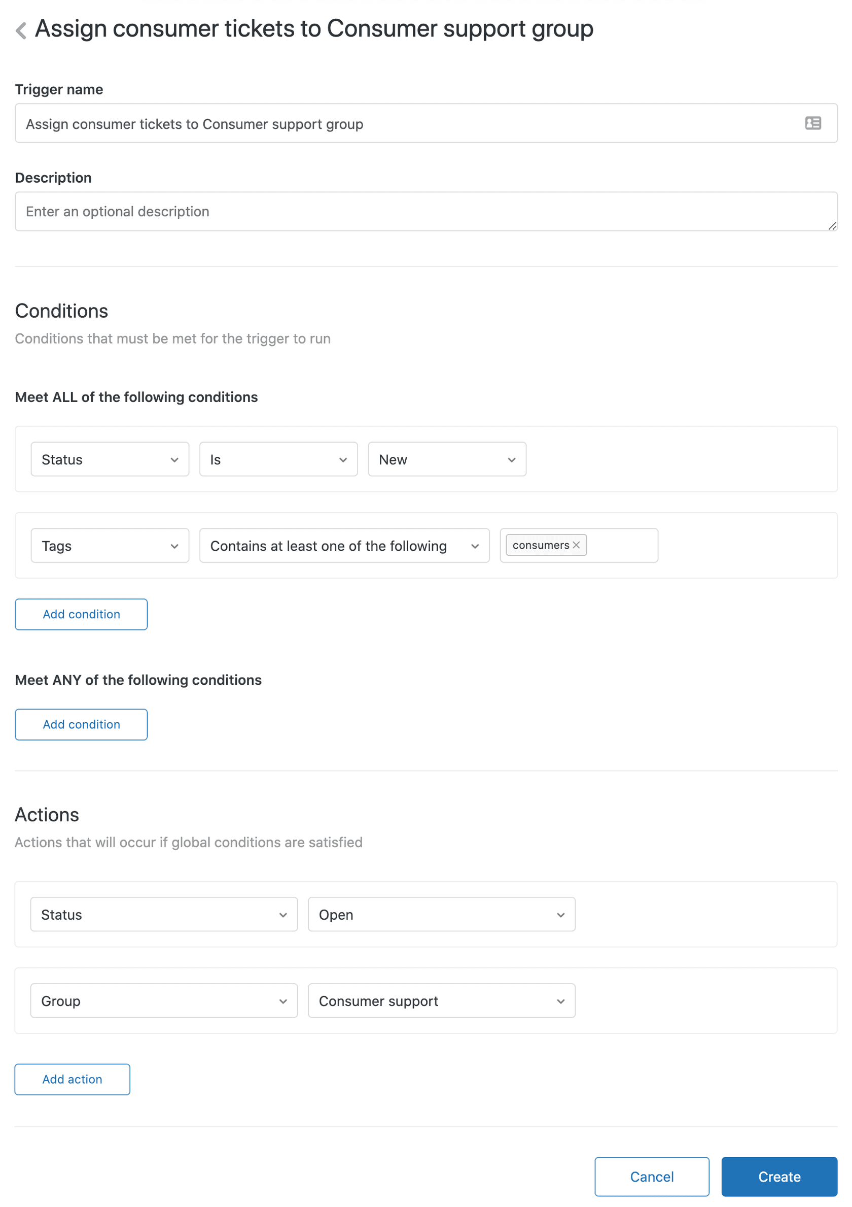 A helpdesk system's trigger configuration interface, showing how tags can be used as conditions for assigning tickets.