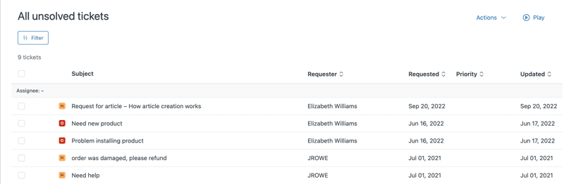 Zendesk view showing column headers with sort icons and filter options