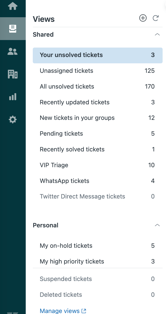Zendesk's agent interface displaying the 'Views' list, categorized into Shared and Personal views with ticket counts.