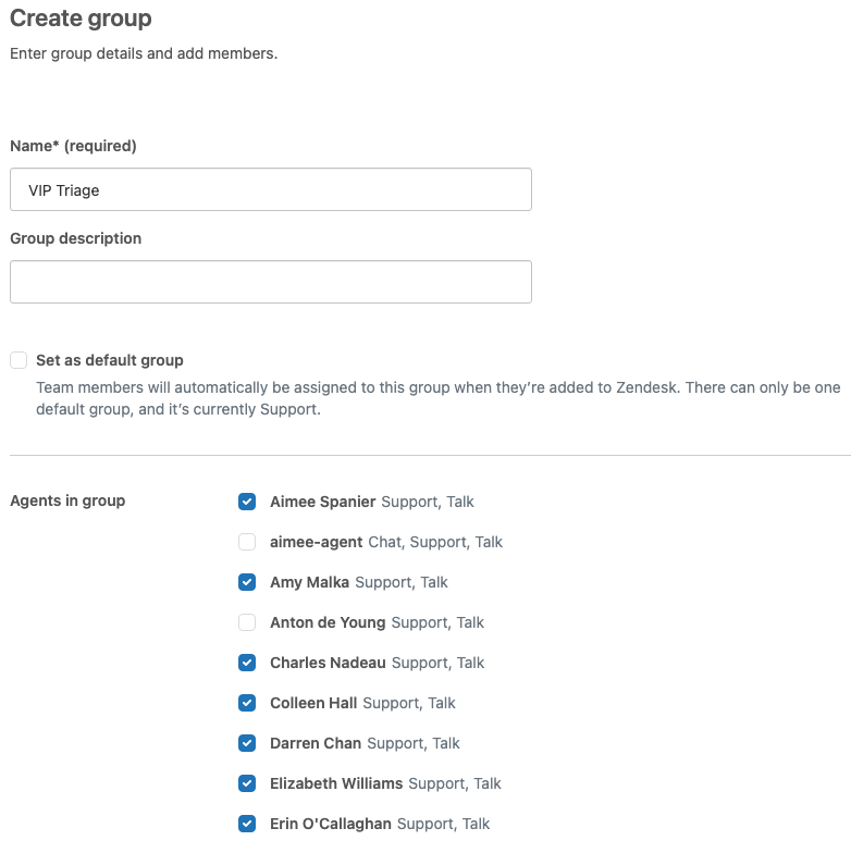 Zendesk's group creation interface, allowing administrators to define new groups and map agents to them.